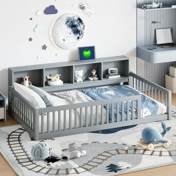 Harper & Bright Designs Wood Twin XL Size Floor Bed with Storage Cabinets and USB Ports, Kids Montessori Floor Bed with Fence, Gray
