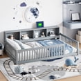 thumbnail image 1 of Harper & Bright Designs Wood Twin XL Size Floor Bed with Storage Cabinets and USB Ports, Kids Montessori Floor Bed with Fence, Gray, 1 of 12