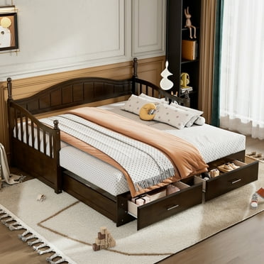 Harper & Bright Designs Wooden Daybed with Trundle and 2 Storage Drawers, Extendable Twin to King Size Daybed, Elegant Sofa Bed Frame for Living Room Bedroom, Espresso