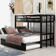 Harper & Bright Designs Wooden Extendable Bunk Bed with Trundle, Twin Over Double Twin Bunk Bed Frame, Pull-Out Bunk Bed Frame for 4 People, Espresso