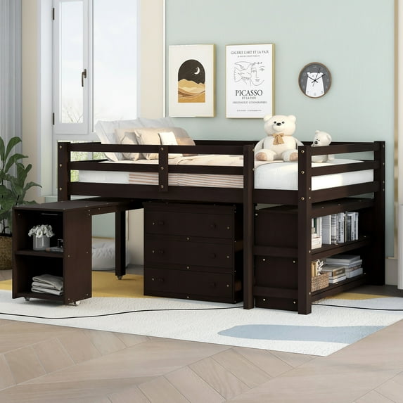 Harper & Bright Designs Wooden Full Loft Bed with Cabinet and Rolling Portable Desk, Low Study Loft Bed with Drawers, Espresso