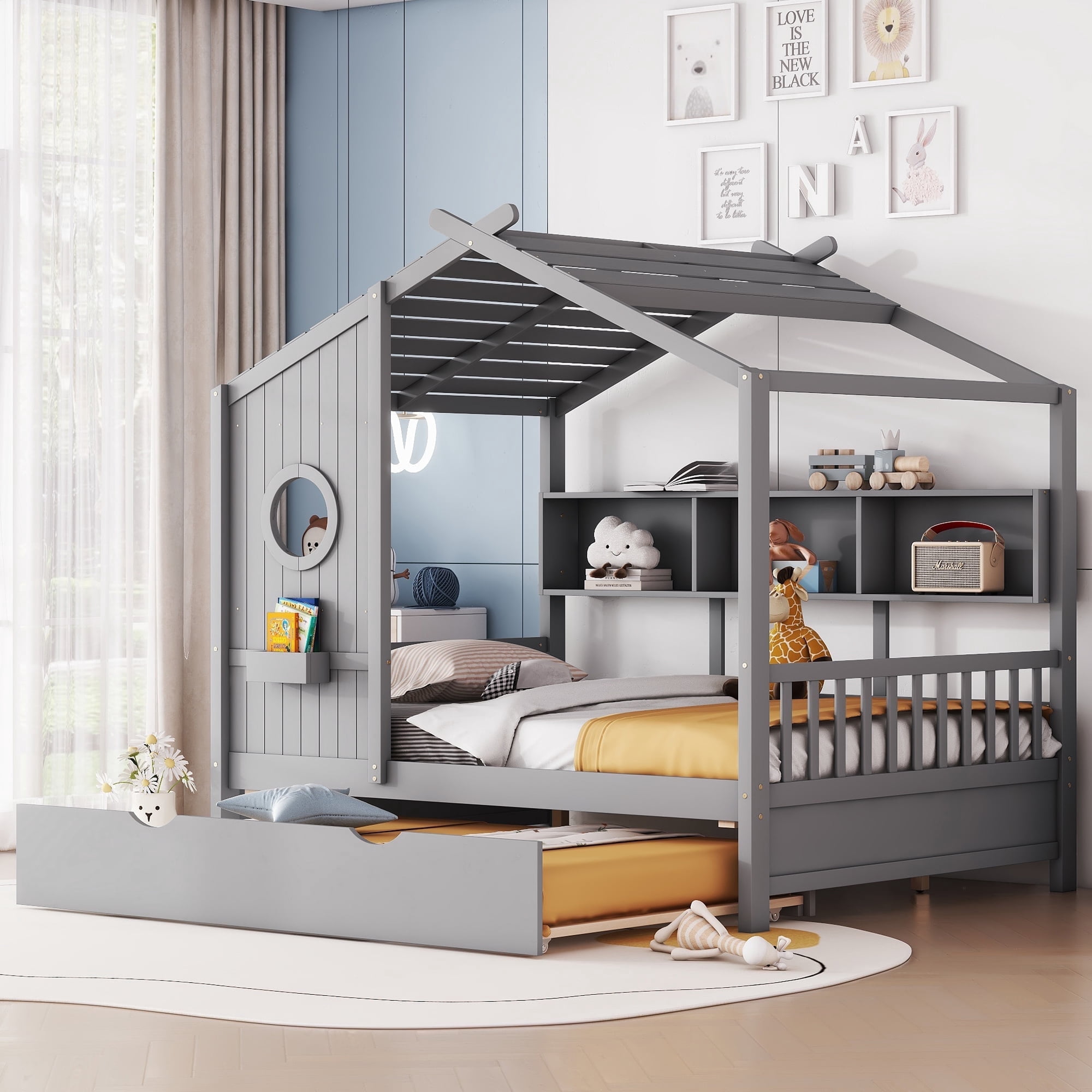 Harper & Bright Designs Wooden Full Size House Bed Frame with Trundle and Storage Shelves, House-Shaped Beds with Roof and Window Design for Girls Boys Bedroom, Gray