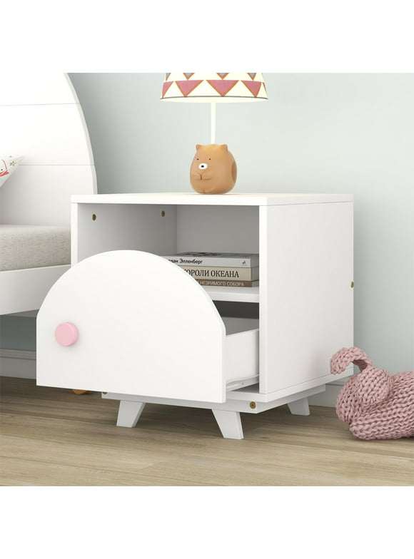 Churanty Wooden Kids Nightstand with a Drawer and an Open Storage,End Table for Bedroom,White