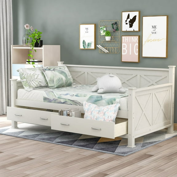 Harper & Bright Designs Wooden Twin Daybed with 2 Storage Drawers, Modern and Rustic Casual Style Daybed Frame for Bedroom Living Room Guest Room, Cream White