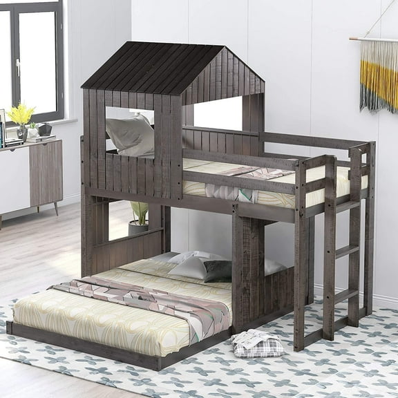 Harper & Bright Designs Wooden Twin Over Full Bunk Bed, Loft Bed with Playhouse, Farmhouse, Ladder and Guardrails for Bedroom, Antique Gray