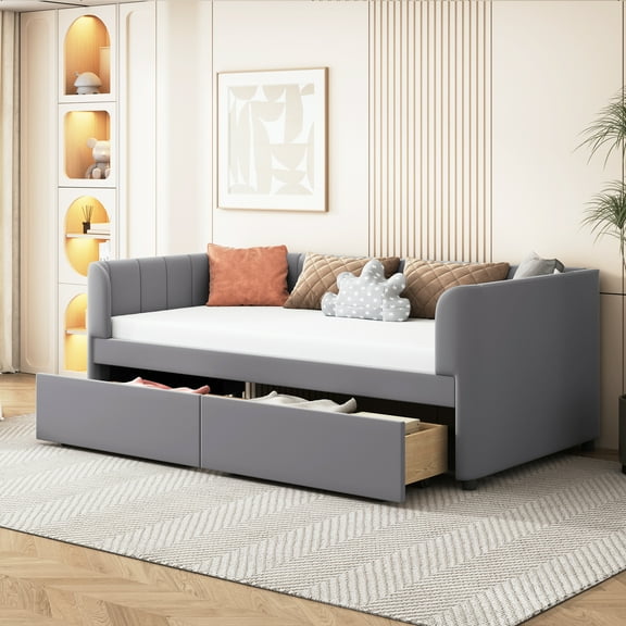 Harper & Bright Designs Wooden Twin Size Daybed with 2 Drawers, Twin Upholstered Velvet Daybed Frame Sofa Bed with Ergonomic Design Backrest, Gray