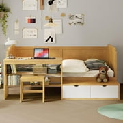 Harper & Bright Designs Wooden Twin Size Daybed with Storage Shelves and Lockers, Daybed Bedframen with Study Desk and Matching Stool for Boys Girls, Natural
