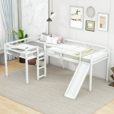 Harper & Bright Designs Wooden Twin Size Double Loft Bed with Slide, L Shaped Loft Bed Frame with Full-Length Guardrail for Kids Bedroom, White