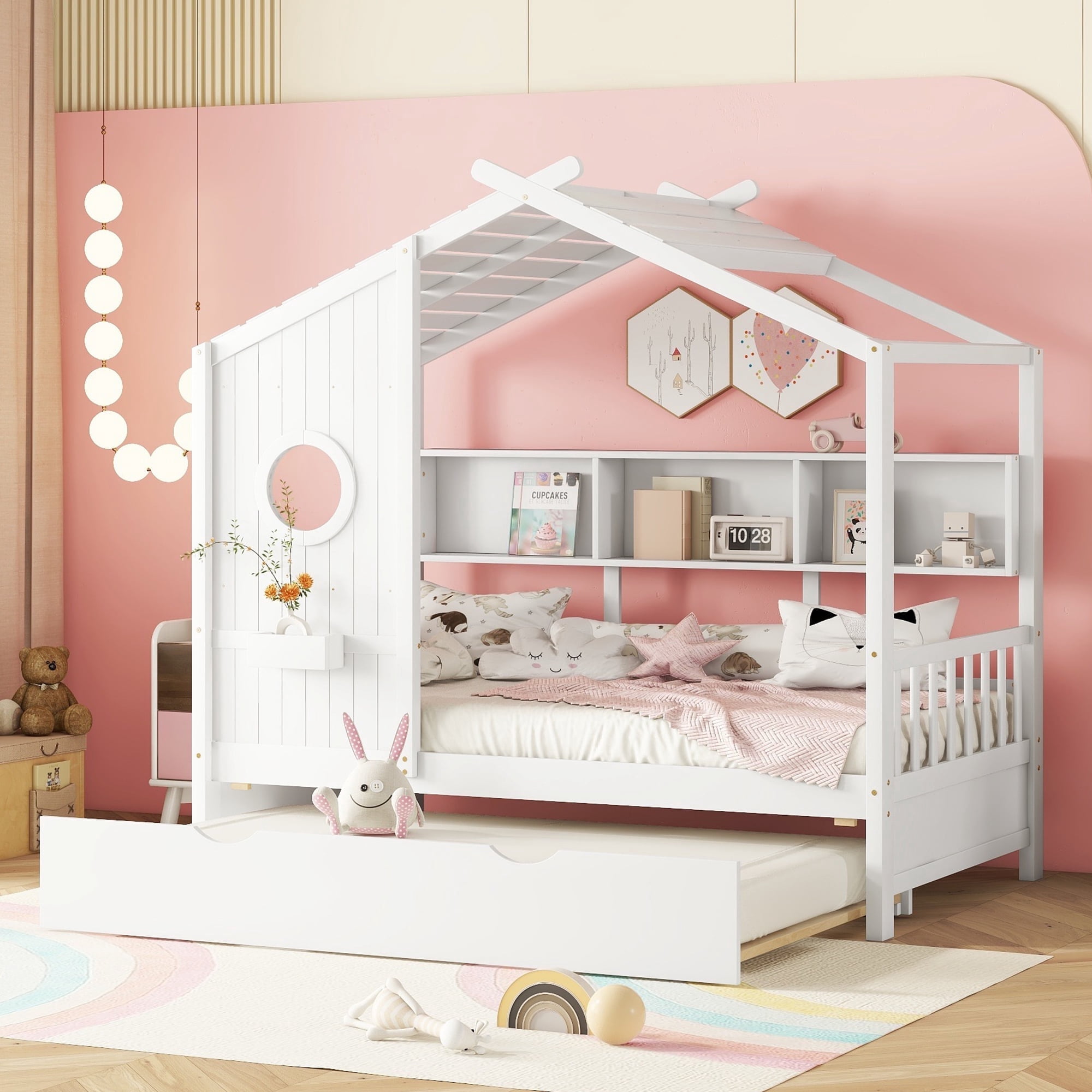Harper & Bright Designs Wooden Twin Size House Bed Frame with Trundle and Storage Shelves, House-Shaped Beds with Roof and Window Design for Girls Boys Bedroom, White