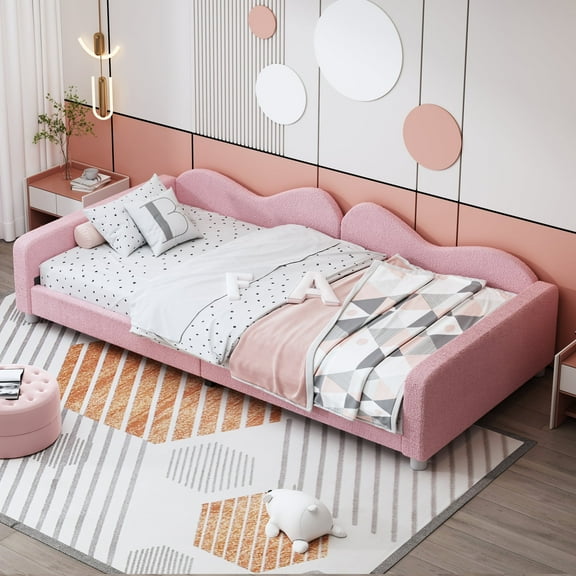 Harper & Bright Designs Wooden Twin Size Upholstered Tufted Daybed, Twin Upholstered Daybed Frame Sofa Bed with with Cloud-Shaped Backrest, Pink