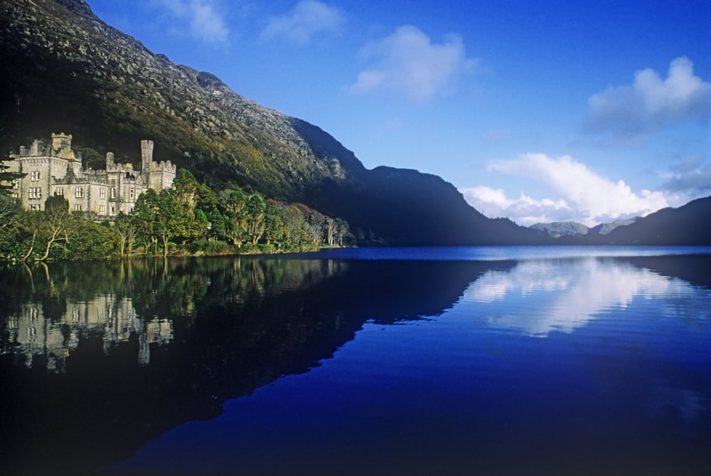 Church At The Waterfront Kylemore Abbey Connemara County Galway Republic Of Ireland Canvas Art - The Irish Image Collection Design Pics (17 x 11)