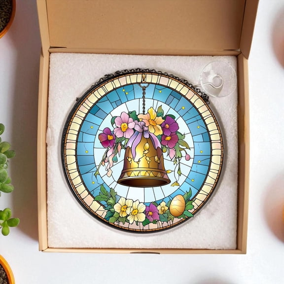 Glass Church Bell Suncatcher Ornament, Floral Religious Window Hanging, Faith Symbol Spiritual, 3.5 in