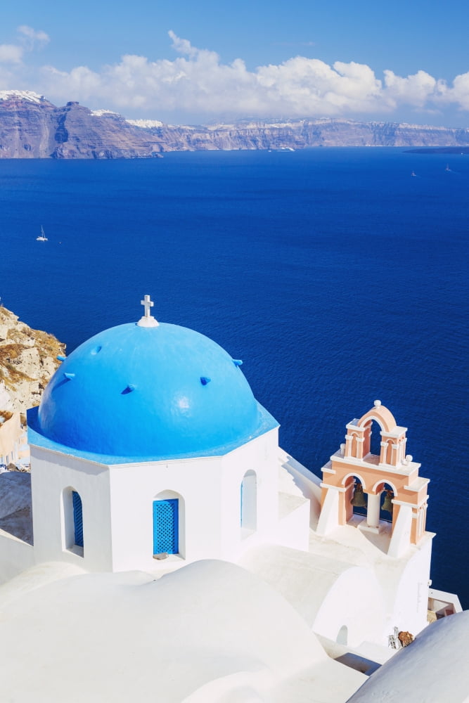 Church Bell Tower above Blue Sea Santorini Island Greece Canvas Art - Design Pics Vibe Design Pics (11 x 17)
