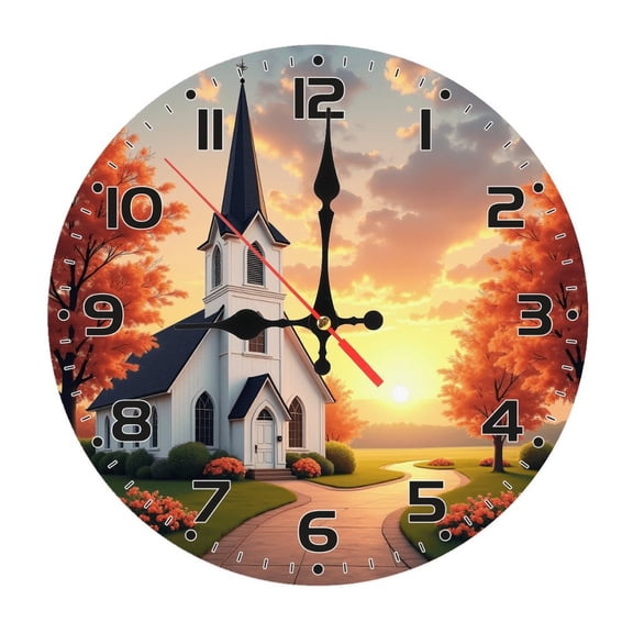 Church Building Wall Clock 10 Inch Silent Non Ticking Round Clock Decoration for Living Room Kitchen Bedroom Bathroom Office Classroom