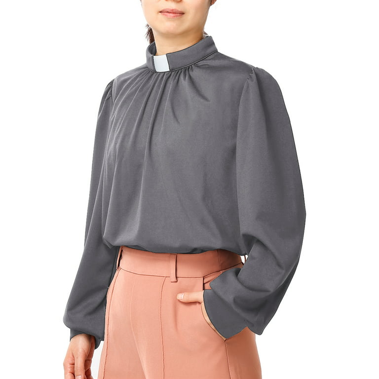 Church Clergy Shirt for Women Spring/Autumn Lantern Long Sleeve Front  Pleated Blouse with Tab Collar