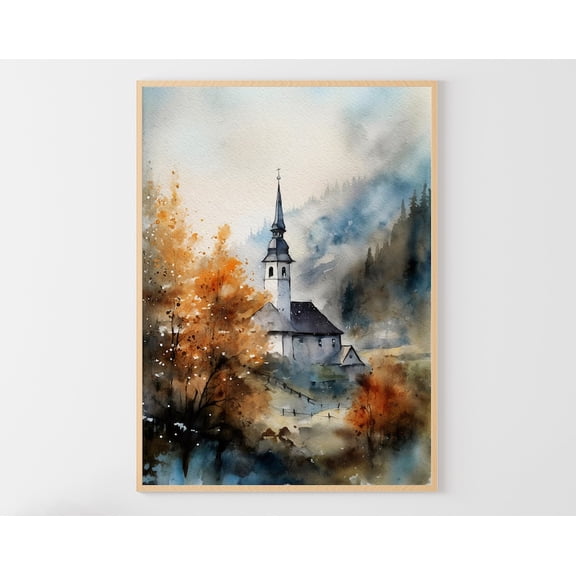 Church Country Landscape Old Chapel Art Poster Historic Church Poster, Unframed Poster Size 16x24
