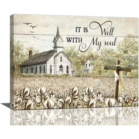 Church Cross Wall Art Country Christian Canvas Prints Painting Rustic Religious Pictures Framed Positive Artwork Home Decor for Bathroom Living Room Bedroom 16"x12"