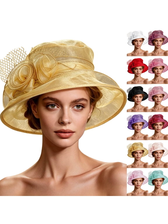 Church Dress Hat Flower Wide Brim Bridal Tea Party Wedding Hat for Women,Gold