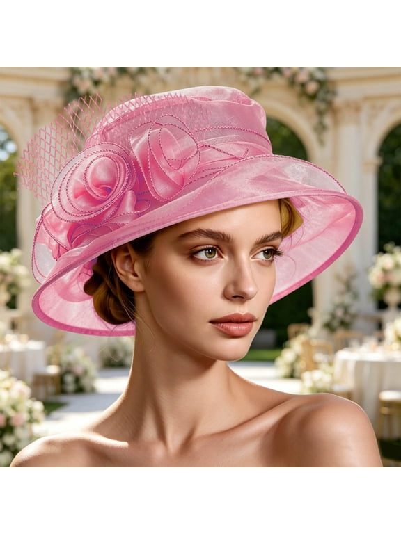 Church Dress Hat Flower Wide Brim Bridal Tea Party Wedding Hat for Women,Hot Pink