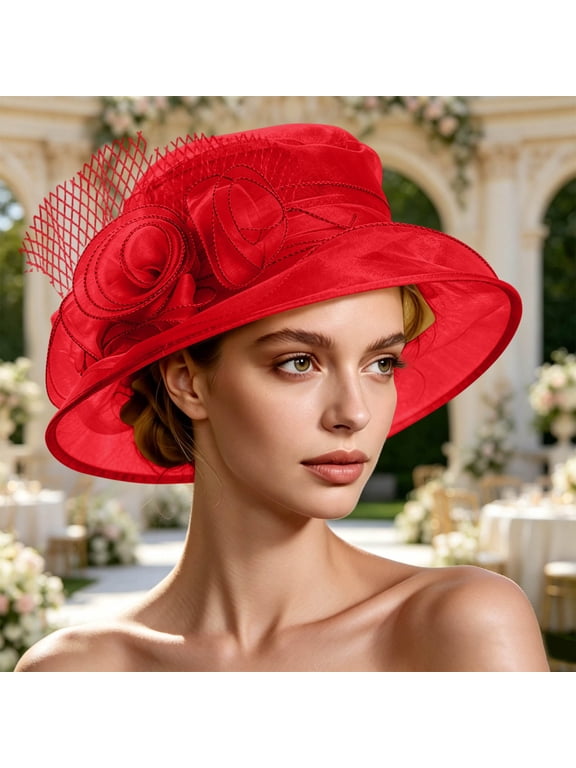 Church Dress Hat Flower Wide Brim Bridal Tea Party Wedding Hat for Women,Red