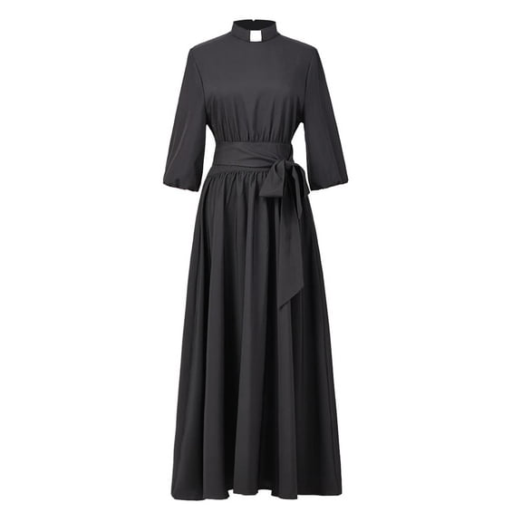 GRACEART Clergy Church Dresses for Women Elegance Audrey Hepburn Style Tab Collar 3/4 Puff Sleeve Swing Maxi Dress with Long Belt