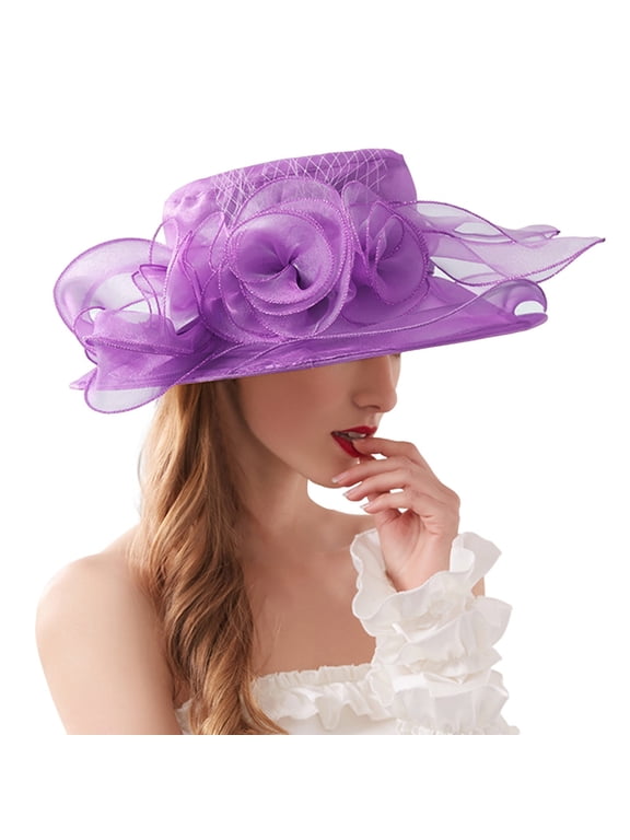 Church Fascinator Wedding Tea Party Derby Hats for Women Flower Wide Brim Sun Hats for Lady Dress Tea Party Wedding Ladies Bow Bucket Wedding Bowler Hats Purple One Size