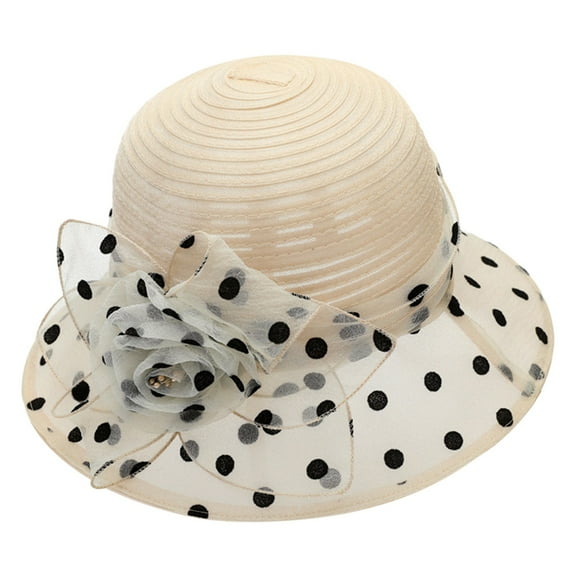 Church Hats for Women, Comdrip Women's Summer Flower Sun Hat White Holiday Black Polka Dot Thin Hat Women Organza Derby Tea Party Hat Flower Church Wedding Bridal Caps Tea Party Hat Beige One Size