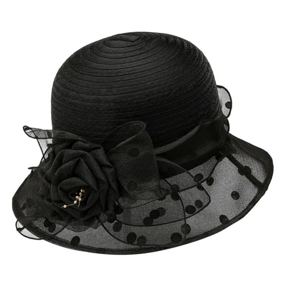 Church Hats for Women, Comdrip Women's Summer Flower Sun Hat White Holiday Black Polka Dot Thin Hat Women Organza Derby Tea Party Hat Flower Church Wedding Bridal Caps Tea Party Hat Black One Size