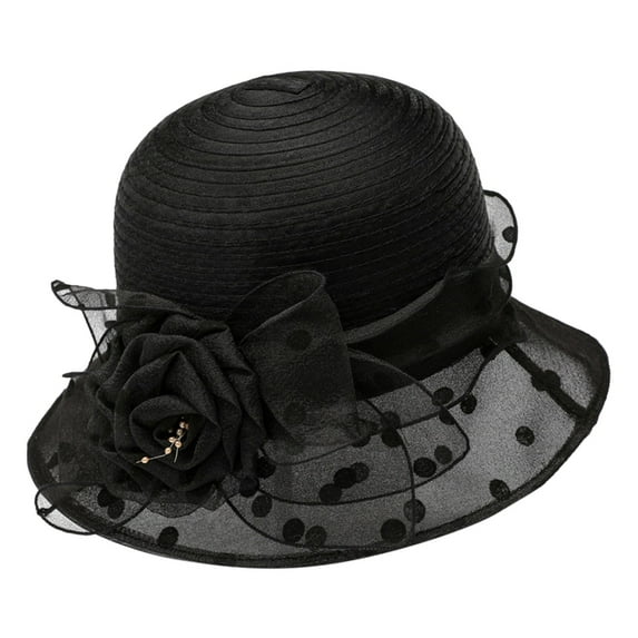 Church Hats for Women, Comdrip Women's Summer Flower Sun Hat White Holiday Black Polka Dot Thin Hat Women Organza Derby Tea Party Hat Flower Church Wedding Bridal Caps Tea Party Hat Black One Size