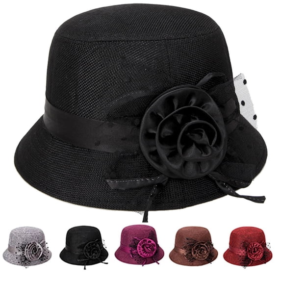 Church Hats for Women Wide Brim Fedora Hat Vintage 1920s Style with Floral Decor for Wedding Party and Special Occasions Black One Size