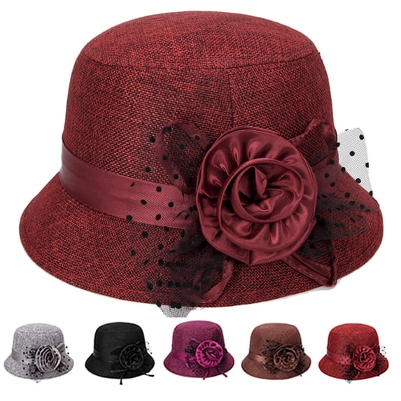 Church Hats for Women Wide Brim Fedora Hat Vintage 1920s Style with Floral Decor for Wedding Party and Special Occasions Red One Size