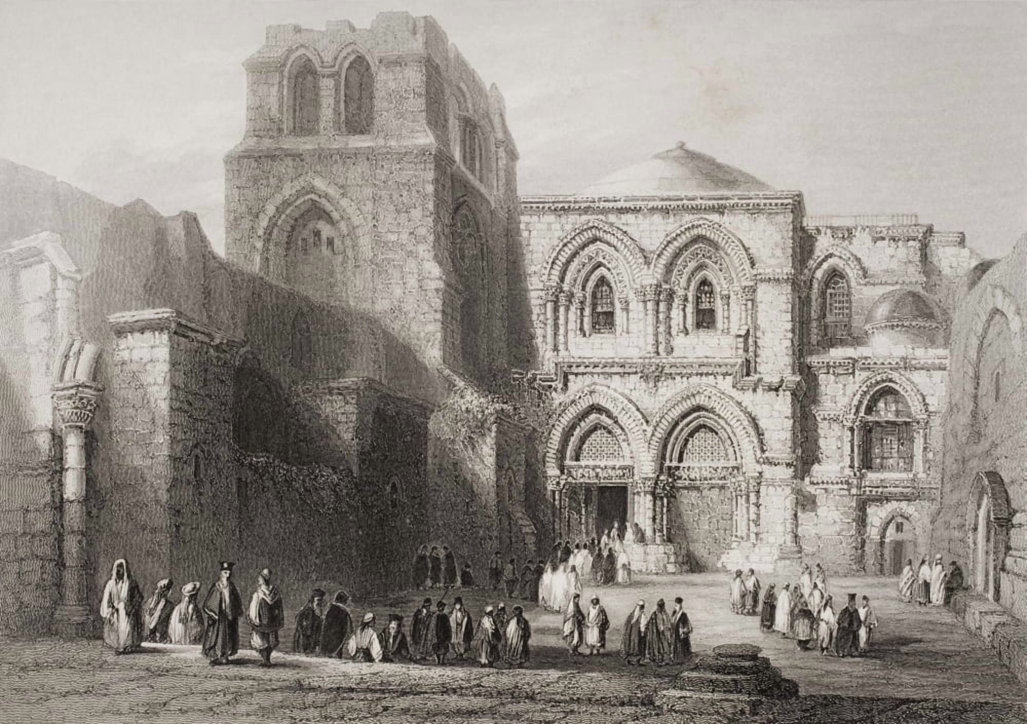 Church Of The Holy Sepulchre Jerusalem Original Tomb Of Godfrey Of Bouillon Engraved By E Challis After WHBartlett Canvas Art - Ken Welsh Design Pics (34 x 24)