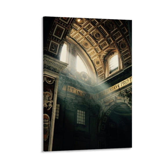 Church Interior with Light Beam, Ornate Ceiling Art, Framed Canvas Art (with wooden frame & wall hangers), 12x8 in