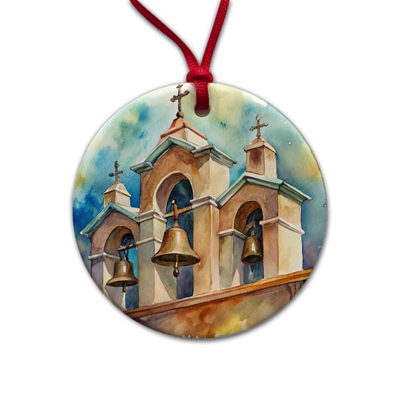 Church Mission Bells Watercolor Christmas Tree Holiday Round Ceramic Ornament