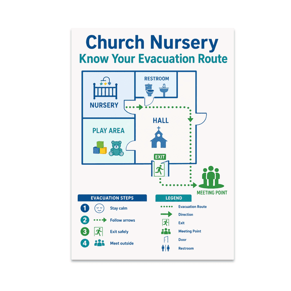 Church Nursery Evacuation Route Plan - Nursery Safety - 13x19 Poster Print