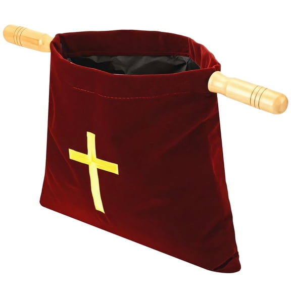 Church Offering Bag, Velvet With Wooden Handles, Cross Embroidery, 10 X 11.3 In Pouch For Church Donations, Religious Events