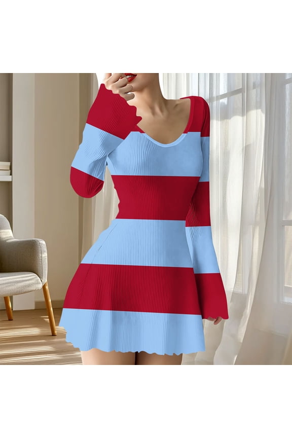 Church Outfits for Women New Women's Fashion Casual V-Neck Pleated Christmas Printed Long Sleeved Elasticity Dress Style B-5 Blue S