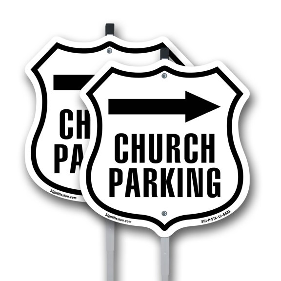 Church Parking Right (2 Pack) 12 inch X 12 inch Shield Shaped Rust-Free Aluminum Metal Signs with Aluminum Mounting Stakes Weather Resistant Made in the USA