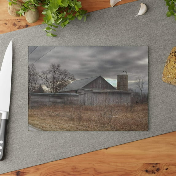 U R There Photography Church Road Grey I Rustic Farmhouse Tempered-Glass Cutting Board 8"x 11"