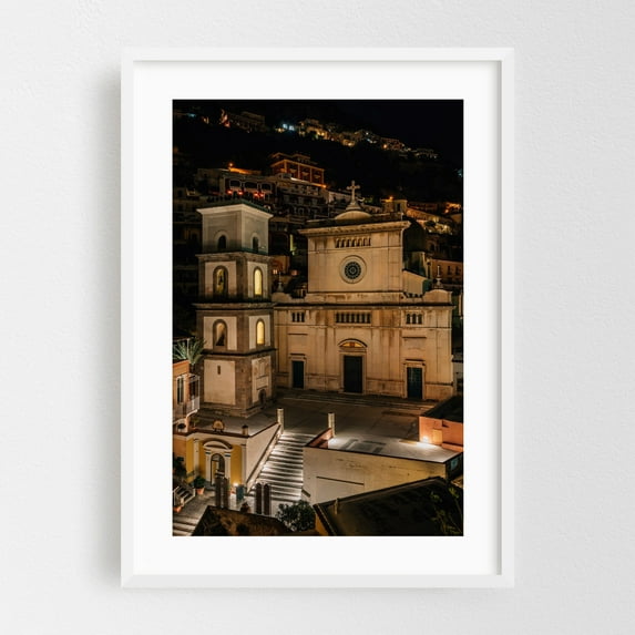 The Church of Santa Maria Assunta 01 - Positano Campania Italy Photography Architecture Nightlife Cityscape Travel Poster Scenic Vintage White Framed Wall Art Print 5 x 7 inches