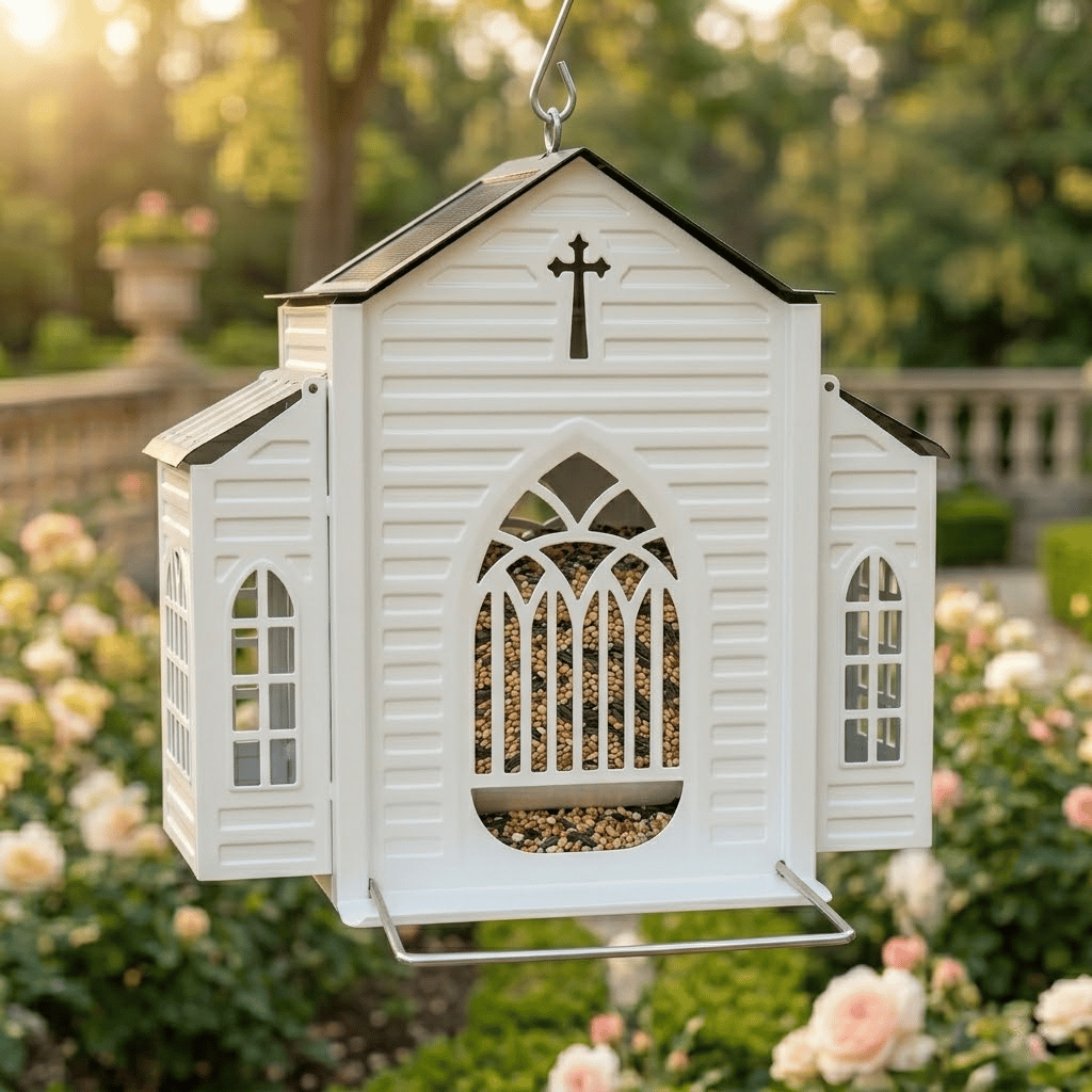 Church-Shaped Metal Bird Feeder with Solar Light,Hanging Outdoor Feeder,Weather-Resistant Hanging Bird Feeder,Solar Powered for Garden,Patio