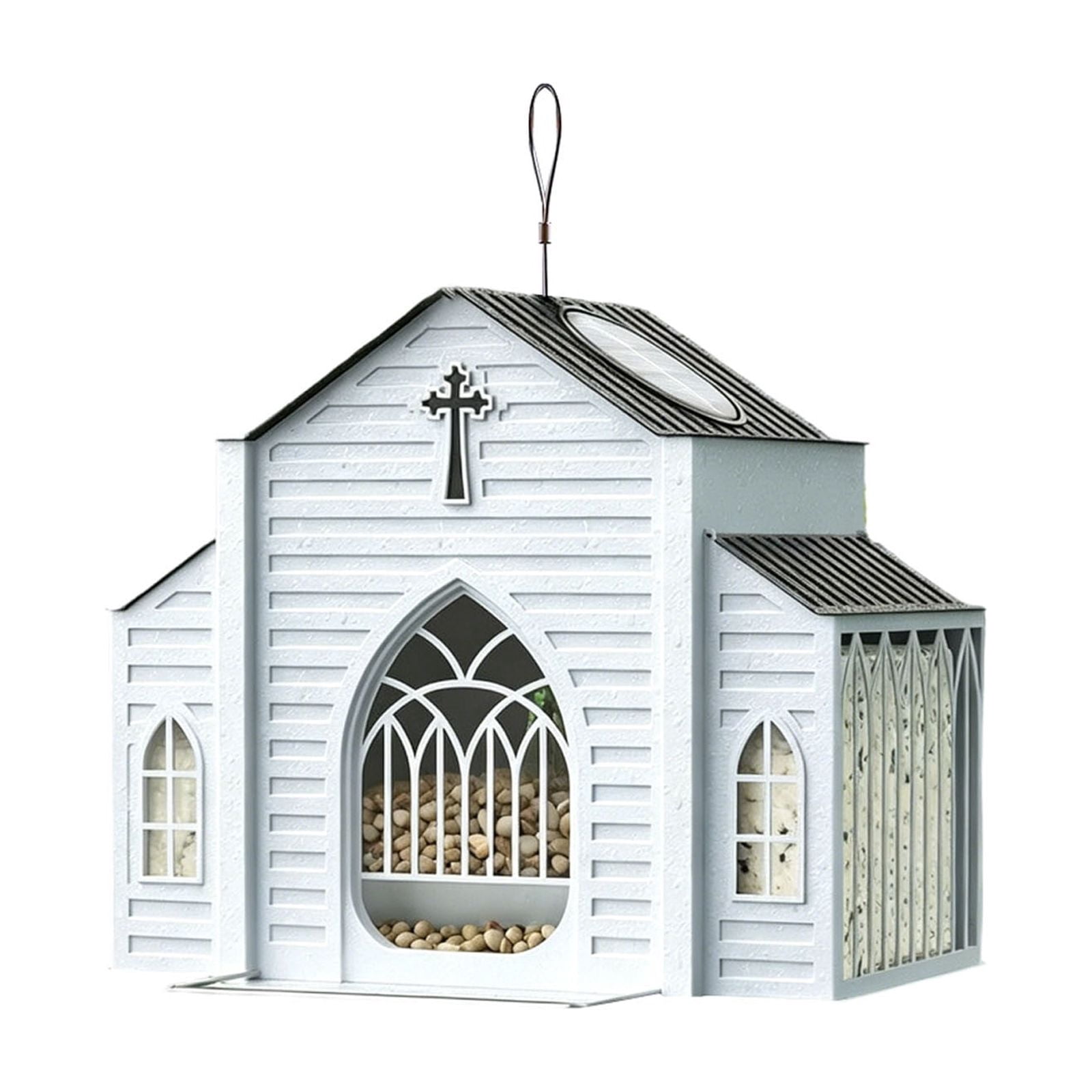 Church Shaped Metal Solar Bird Feeder Decorative Hanging Wild Bird Feeder With LED Light Garden Bird For Finches Outdoor Backyard & Bird Lov