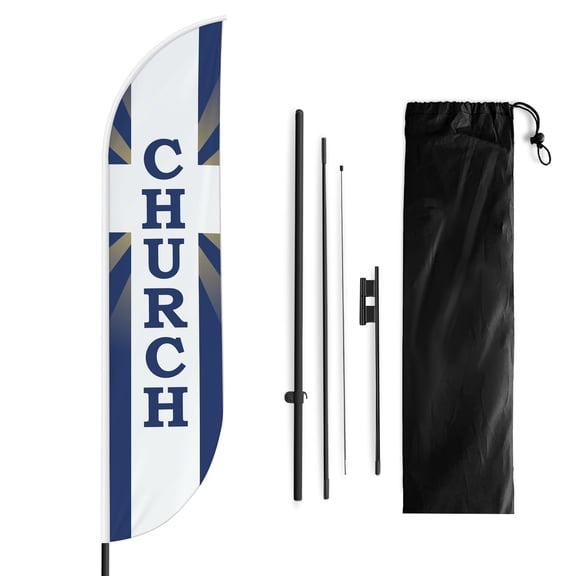 Church Sign feather flag Pole kit for Outdoor by Mavis | 15 FEET Tall Polyester Banner Flag Pole Mount with Cover for Easy Hang | HD Print Swooper Flags to Promote Church Activity| Made in USA
