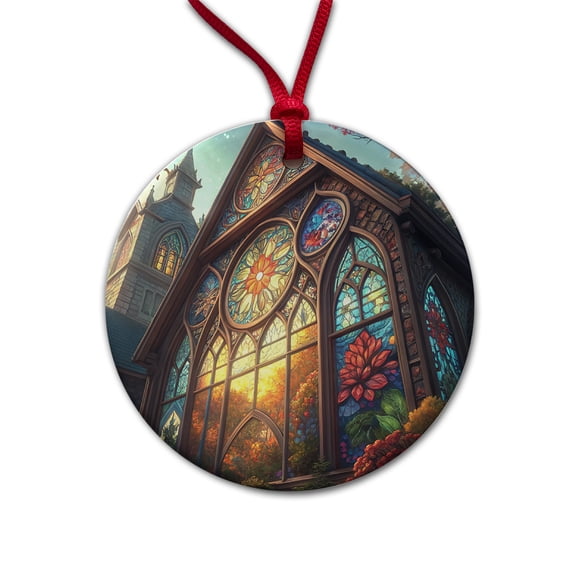 Church Stained Glass Windows Christmas Tree Holiday Round Ceramic Ornament