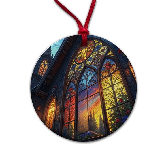 Church Stained Glass Windows at Night Christmas Tree Holiday Round Ceramic Ornament