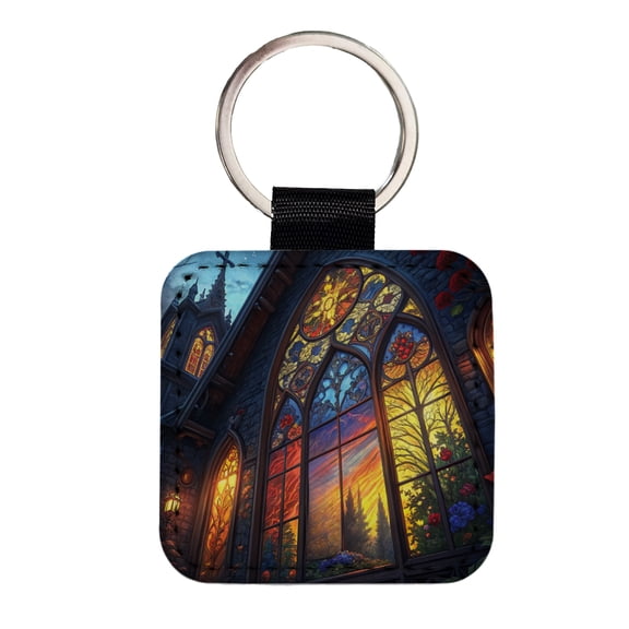 Church Stained Glass Windows at Night Faux Leather Square Keychain