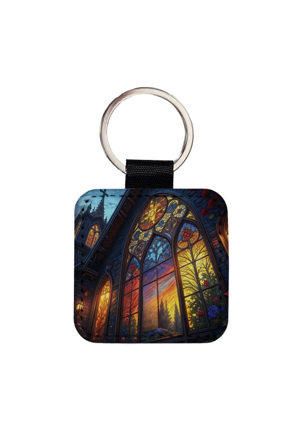 Church Stained Glass Windows at Night Faux Leather Square Keychain