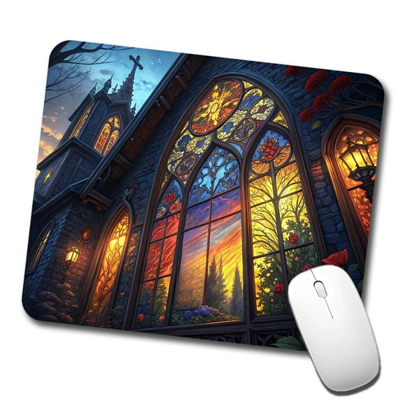Church Stained Glass Windows at Night Mouse Pad Low Profile Gaming Mat