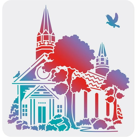 Church Stencil for Painting 11.8x11.8 Inch Reusable DIY Art and Craft Stencils Castle and Furniture White