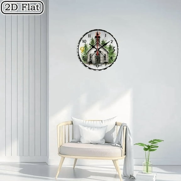 Church Trees MDF Wood 10in Round Wall Clock, Silent Non-Ticking Battery Operated, Ideal Gift for Halloween Easter Christmas